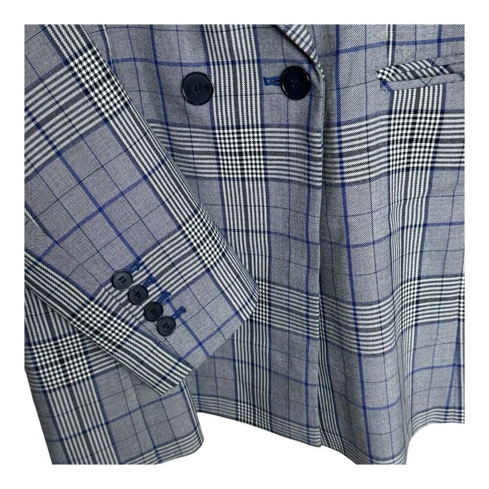Plaid Blazer Women's Double‎ Breasted Checkered Career Jacket Gray Blue - Picture 5 of 8
